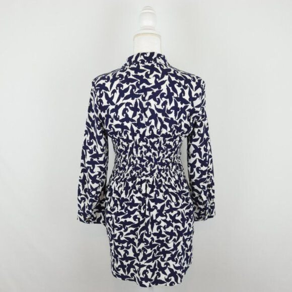 Maeve Alexa Women's XS Blue White Linen Blend V-Neck 3/4 Sleeve Shirred Blouse - Picture 4 of 10